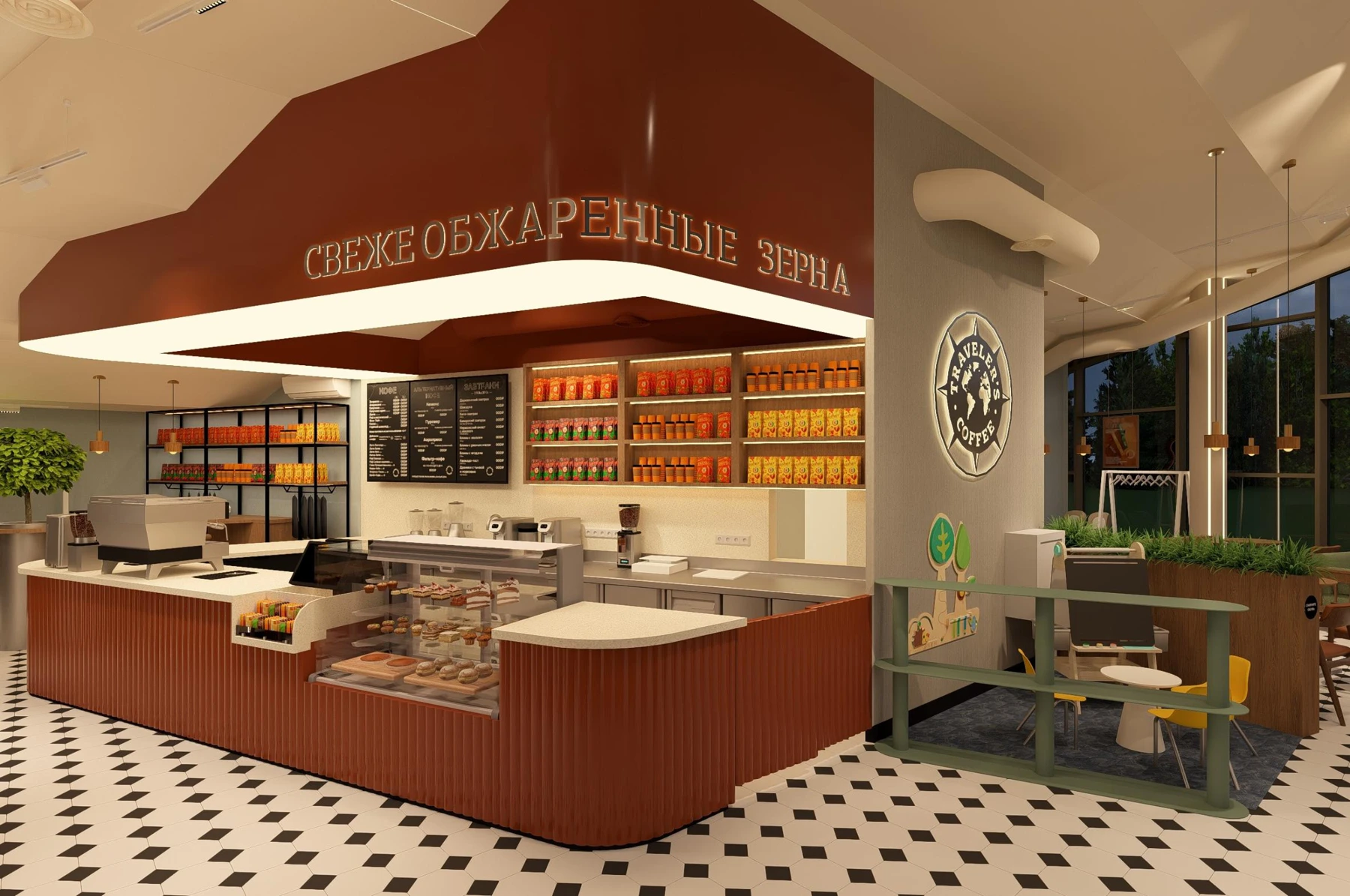 Traveler’s Coffee: бар со световым контуром и терракотовой отделкой